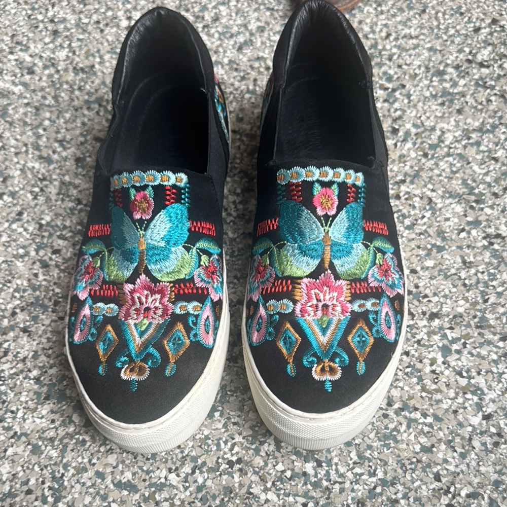Johnny Was Black and Blue Artistic Slip-On Sneakers